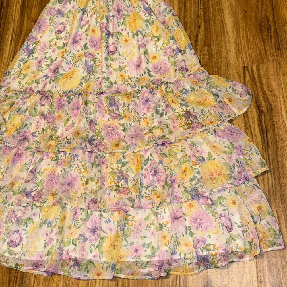Storia womens medium 8 10 dress floral print ruffle maxi Lavender yellow white - Picture 6 of 12